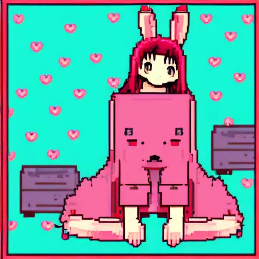 Image similar to advanced digital anime pixelart , girl wearing a pink bunny pajama laying on the floor. —H 128 —W 128