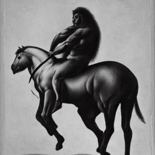 Image similar to A centaur, the upper body is a white ape, and the lower body is a black horse