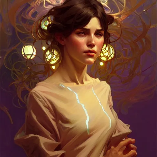 Image similar to Portrait of girl surrounded by floating nodes, face, fantasy, intricate, elegant, highly detailed, digital painting, artstation, concept art, smooth, sharp focus, illustration, art by Greg Manchess and Fernanda Suarez and Artem Demura and alphonse mucha