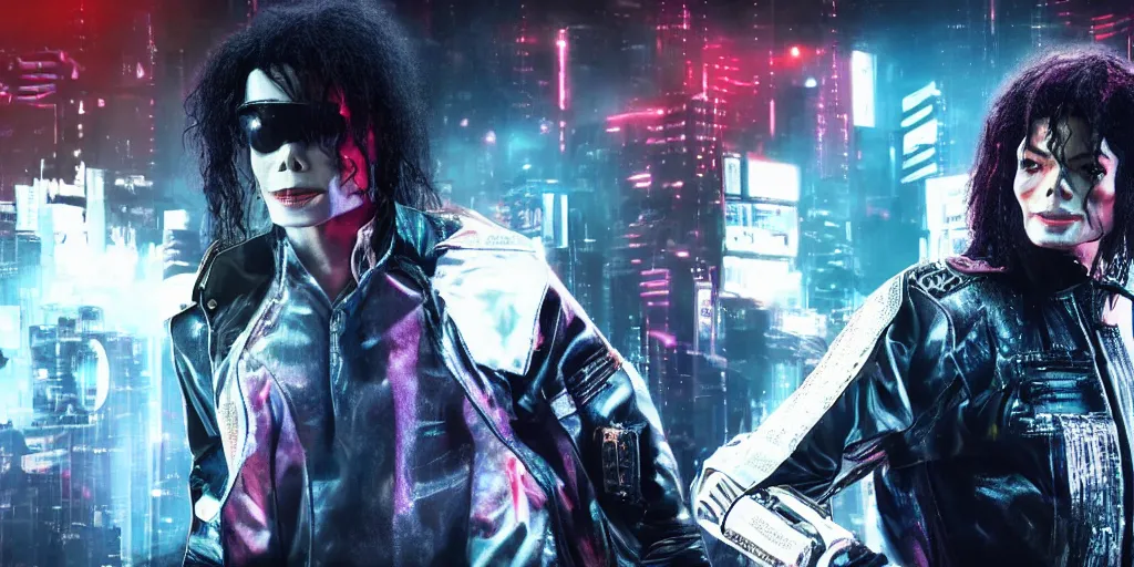 Prompt: michael jackson in cyberpunk, fallout 5, studio lighting, deep colors, apocalyptic setting