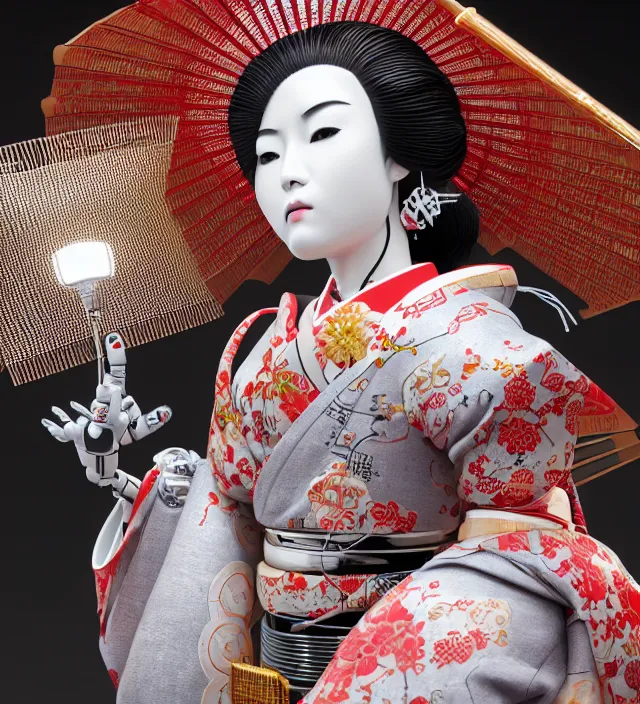 Prompt: full body portrait of a beautiful japanese robotic geisha with wires and actuators and kanji tattoos and decals, dramatic lighting, hyper - realistic, ultra - realistic, intricate details, japanese model, 8 k ultra high definition, octane render