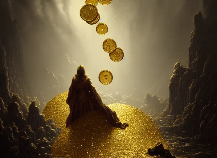 Image similar to heaven, gold coins raining down from heaven, beautifully, fantasy, dramatic, intricate, elegant, highly detailed, digital painting, artstation, concept art, smooth, sharp focus, illustration, art by Gustave Dore, octane render