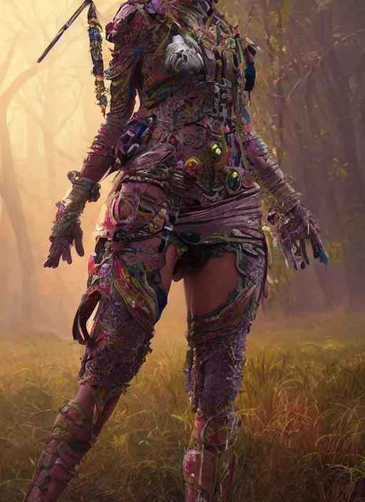 Image similar to detailed full body concept art illustration colorful oil painting of a beautiful 3d render of a female huntress in full intricate clothing, ultra detailed, digital art, octane render, 4K, dystopian, micro details, hyper realistic