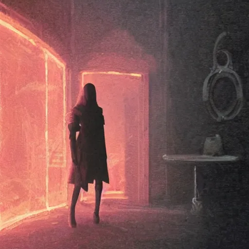 Prompt: silhouette of a Elle Fanning in Dark Souls, pitch black room, extremely detailed masterpiece, oil on canvas, low-key neon lighting, artstation, Blade Runner 2049, Roger Deakin’s cinematography, by J. C. Leyendecker and Peter Paul Rubens,