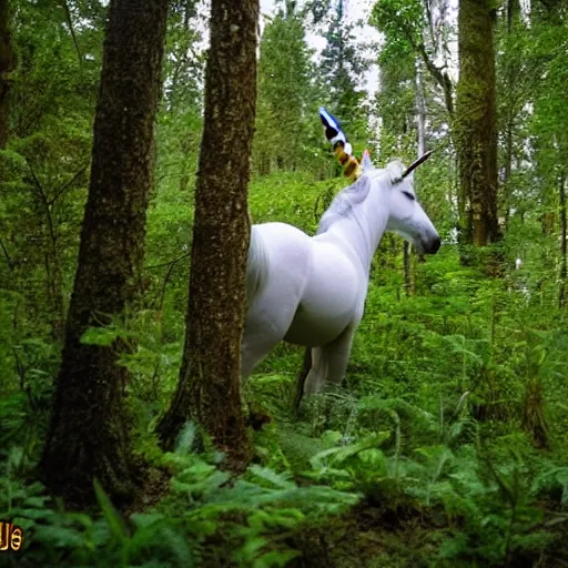 Image similar to unicorn caught on hidden camera in the forest