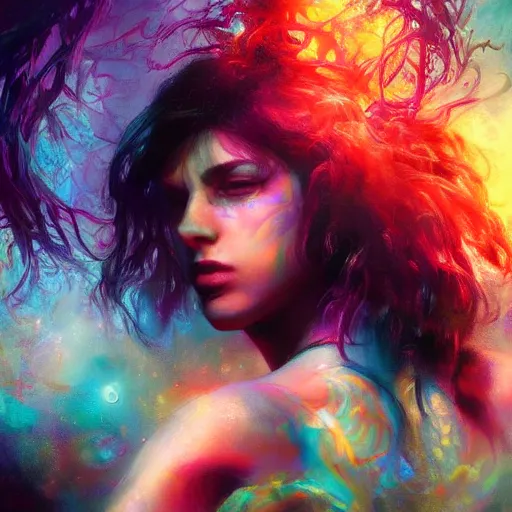 Image similar to lsd trip with krishina in his infinite forms by raymond swanland, highly detailed, bright tones