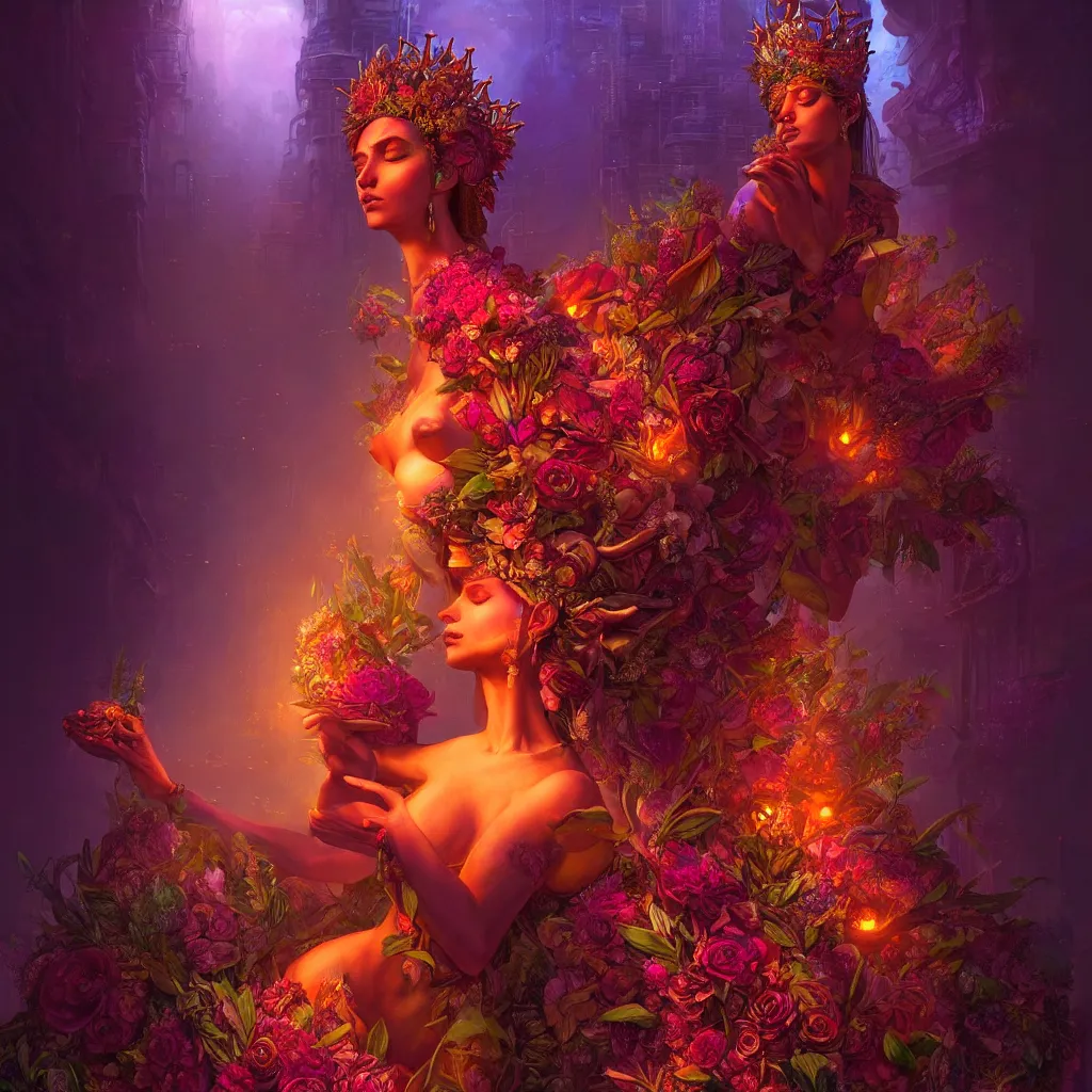 Image similar to Beautiful 3d render of the flower queen goddess in a sensual pose, atmospheric lighting, painted, intricate, volumetric lighting, beautiful, rich deep colours masterpiece, sharp focus, ultra detailed, in the style of Dan Mumford and marc simonetti, with a crowded futuristic cyberpunk city in the background, astrophotgraphy