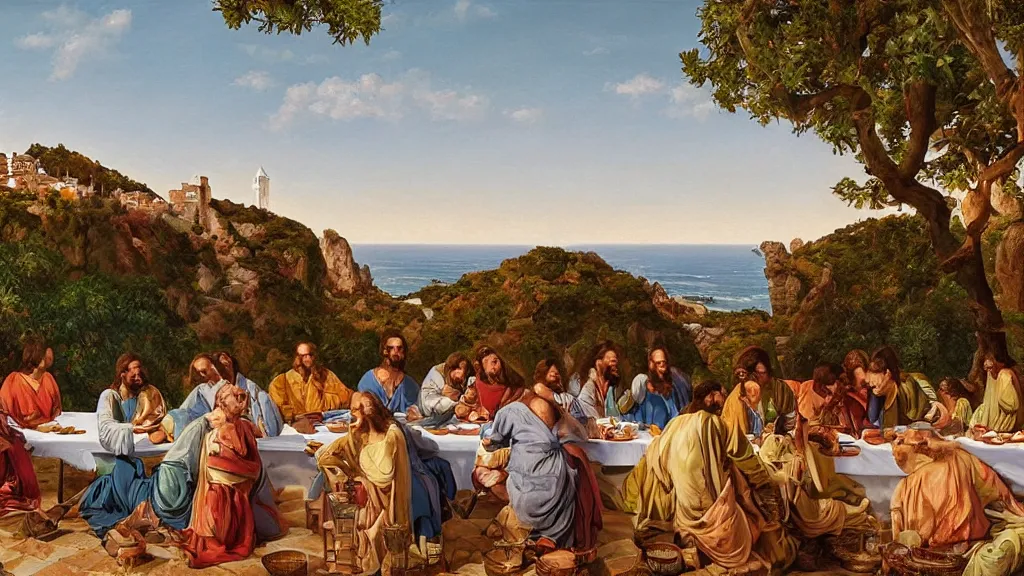 Image similar to the last supper, outside a typical portuguese house, far view, with typical algarve landscape in the back, sunny morning, matte painting, oil canvas, photorealistic illustration, extreme detail, hyper realistic, highly detailed, digital art