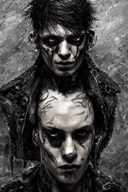 Image similar to a rough looking young man, shaved head, gothic, tattered leather coat, intricate, elegant, dramatic lighting, rugged face, highly detailed, lifelike, photorealistic, digital painting, artstation, illustration, concept art, smooth, sharp focus, art by John Collier and Albert Aublet and Krenz Cushart and Artem Demura and Alphonse Mucha