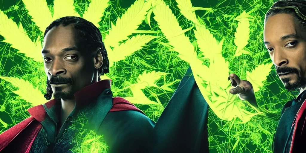 Image similar to snoop dogg doctor strange, marijuana, marijuana leaves, green light, highly detailed, cinematic by francis tneh, marvel cinematic universe, mcu, photo