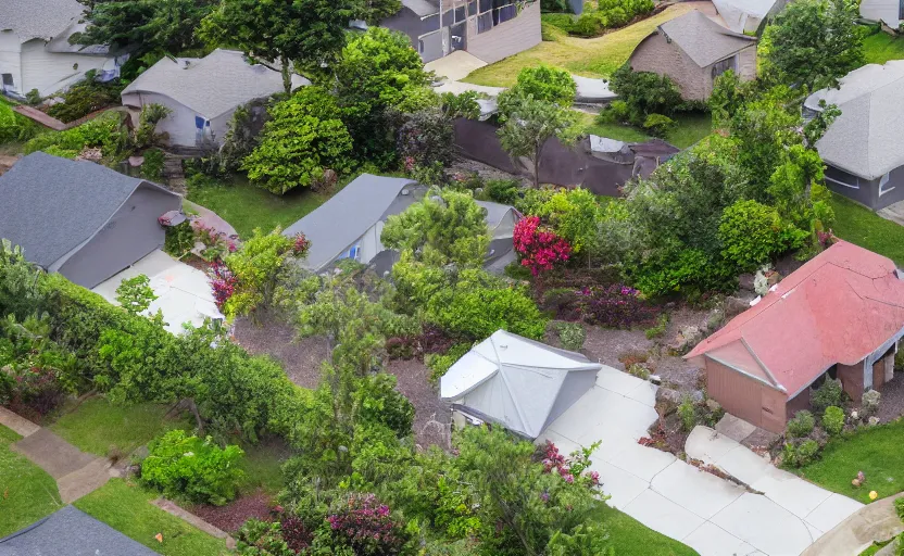 Image similar to suburban house and yard with small volcano erupting in the yard