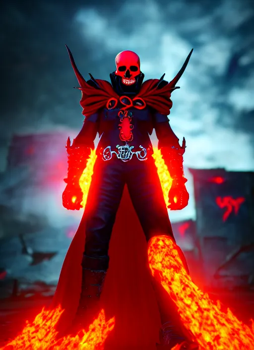 Image similar to character portrait of spawn hero, hellpunk, crimson energy radiating everywhere, hellish skull inferno in background, 8 k unreal engine render, photorealistic, rule of thirds, cinematic