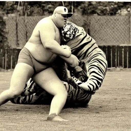 Image similar to big rex johnson wrestles a tiger. memphis 1 9 8 4.