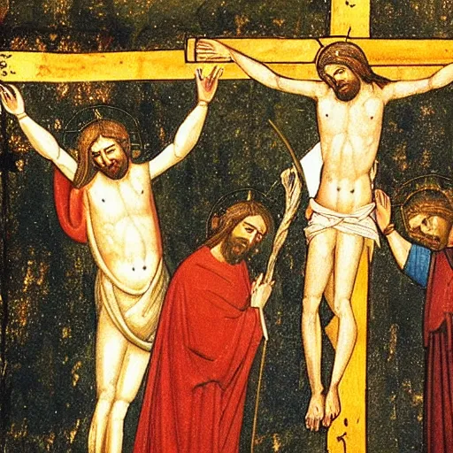 Prompt: medieval painting of Jesus Christ on the cross wearing a walkman