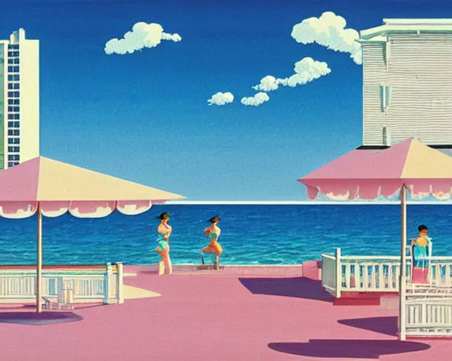 Prompt: seaside mansion on the beach, summer, painting by hiroshi nagai