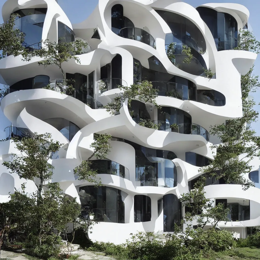 Prompt: “ a two story modern house with curve sculptural balconies, designed by famous architects online lab of architecture, house sold for 4 million dollars, featured on architecture magazines ”