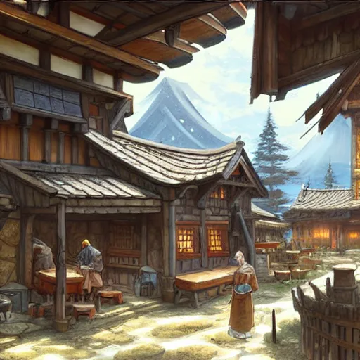 Image similar to concept art painting of a tavern with european and japanese architecture, in a small medieval village surrounded by trees, in a mountain valley, realistic, detailed, cel shaded, in the style of makoto shinkai and greg rutkowski and james gurney