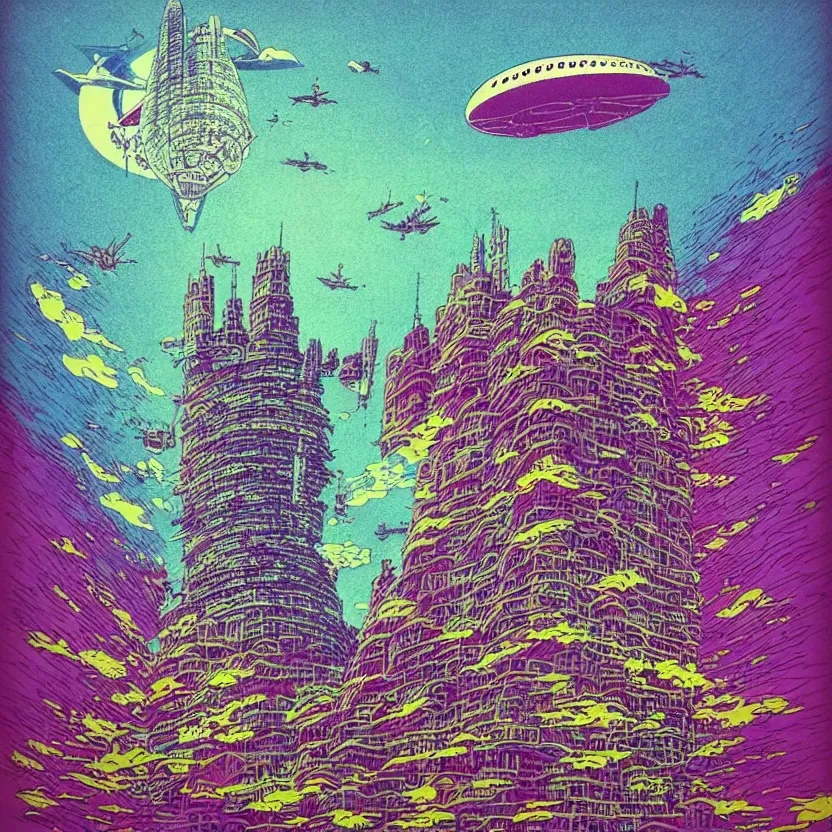 Prompt: surreal glimpse into other universe, mahanakorn tower with airship floating n the sky, summer morning, very coherent and colorful high contrast, art by!!!! joan miroi!!!!, geof darrow, floralpunk screen printing woodblock, dark shadows, hard lighting, stipple brush technique,