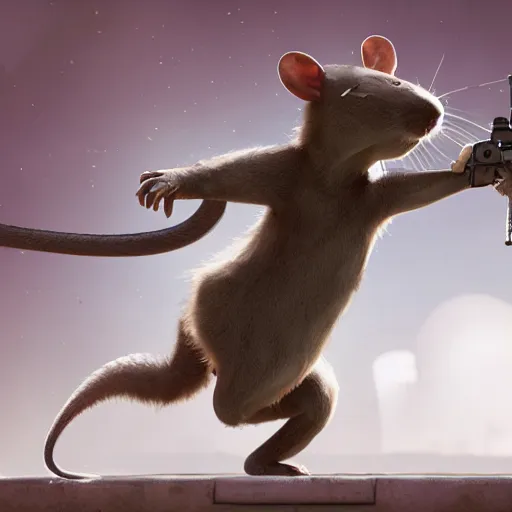 Prompt: a rat is holding a gun and pointing it at the viewer, concept art by grillo demo, cgsociety, furry art, playstation 5 screenshot, dynamic pose, unreal engine 5