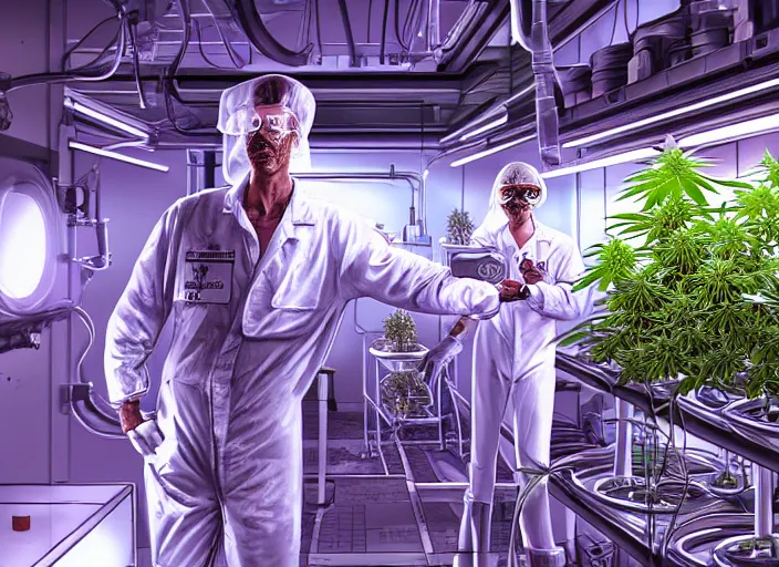 Prompt: highly detailed digital art, diverse, a scientist growing cannabis plants in a hydroponics lab on the nostromo, cg society, artstation