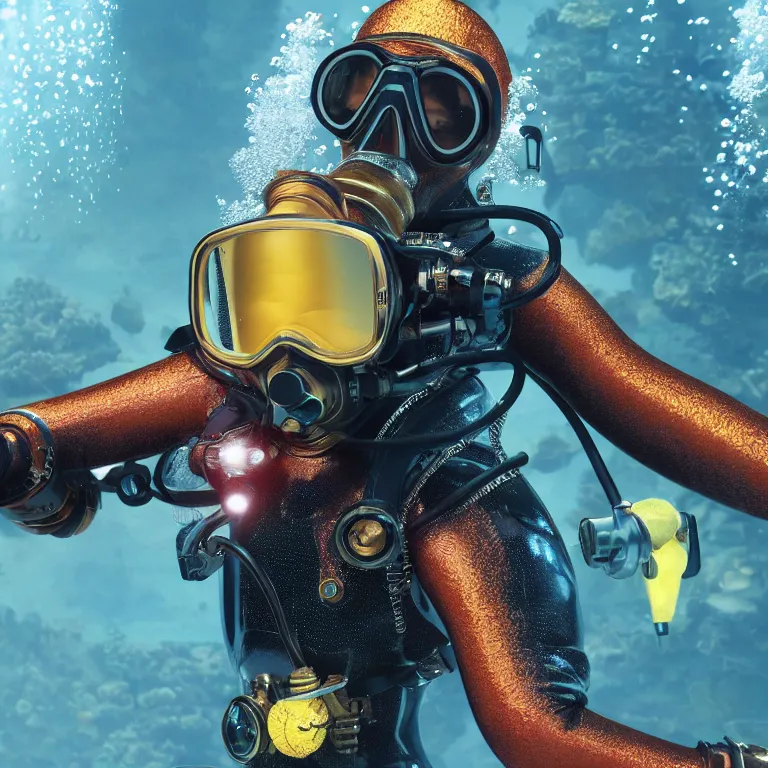 Prompt: octane render portrait by wayne barlow and carlo crivelli and glenn fabry, subject is a futuristic scuba diver with a shiny reflective golden metal helmet with colorful reflective goggles and covered in black ribbed rubber hoses, inside a coral reef aquarium full of exotic fish, cinema 4 d, ray traced lighting, very short depth of field, bokeh