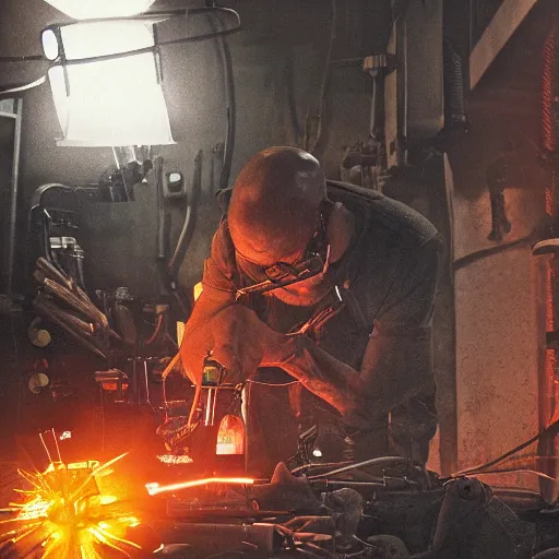 Image similar to half rusted old egg beater half stun - gun, balding older cyborg repairing, red hot soldering iron, dark messy smoke - filled cluttered workshop, dark, dramatic lighting, orange tint, cinematic, highly detailed, sci - fi, futuristic, movie still from blade runner