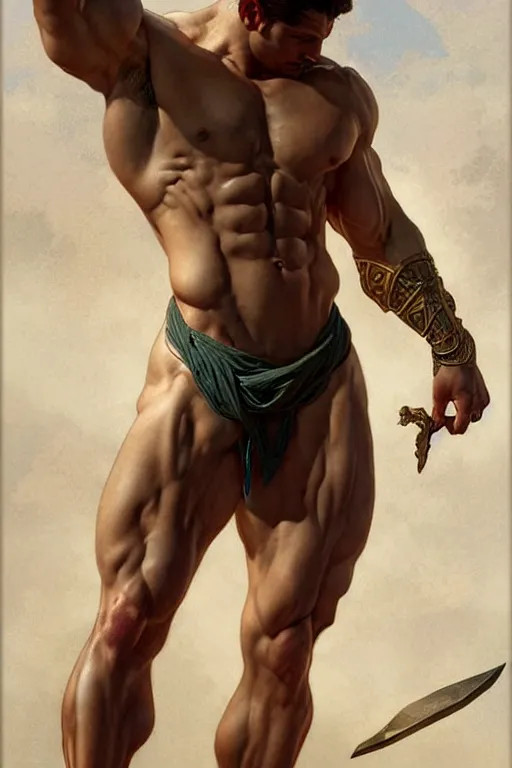 Image similar to Greek god, gorgeous, amazing, muscular, fit, very muscular male body, intricate, highly detailed, digital painting, artstation, concept art, sharp focus, illustration, art by greg rutkowski and alphonse mucha