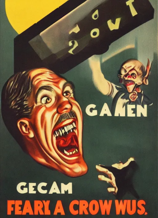 Prompt: creepy Gman with a scary comically large smile, 1940s scare tactic propaganda art