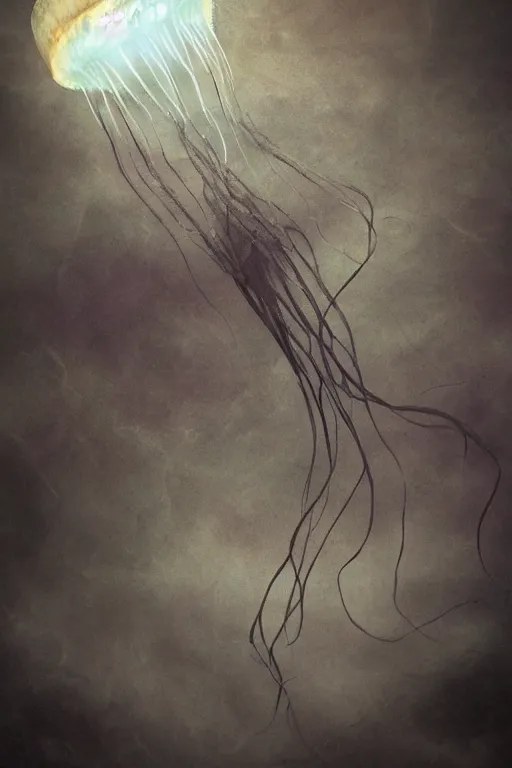 Image similar to one abyssal luminescent scary jellyfish swimming in the dark depths of the ocean, horror, dark art, 3 d render, digital art, digital painting, volumetric light by moebius.