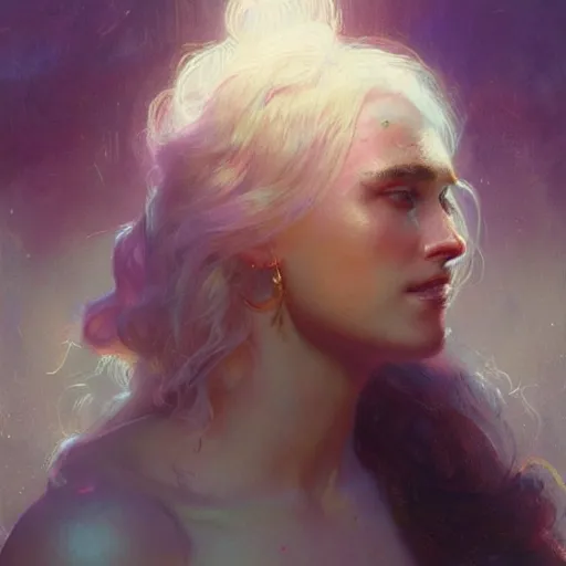 Prompt: god, non-binary, white hair, long hair, illustrated by Gaston Bussiere and Greg Rutkowski, beautiful dappled lighting, gorgeous volumetric lighting, a beautiful side-portrait image, inspirational artwork, intricate, brightly colored, vividly enhanced, trending on artstation