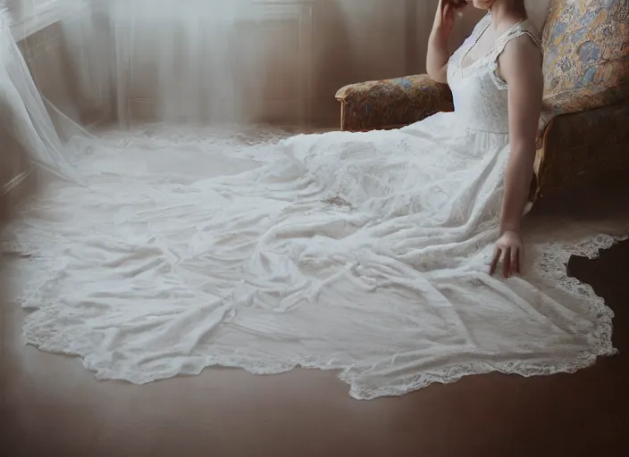 Prompt: kodak portra 4 0 0 photographic and realistic, 7 0 s living room, detailed, octane render, unreal engine, 4 k, artstation, hyper realistic, white lace dress flooded, wide angle, how river, 2 8 mm, sharp focus, soft light, volumetric light fog, in the style of gregory crewdson