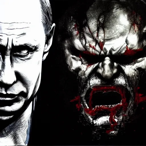 Image similar to vladimir putin, wide evil grin, nails through head, messed up mouth, monster, hell, painting by yoji shinkawa, yoshikata amano, detailed artwork, high quality, 4 k, 8 k, artstation