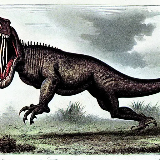 Prompt: antique lithograph from 1 9 0 0 of mr t as a tyrannosaurus rex, running in a field