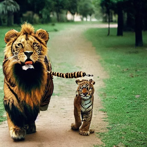 Image similar to A man in a lion costume walking a tiger on a leash, photo by steve mccurry