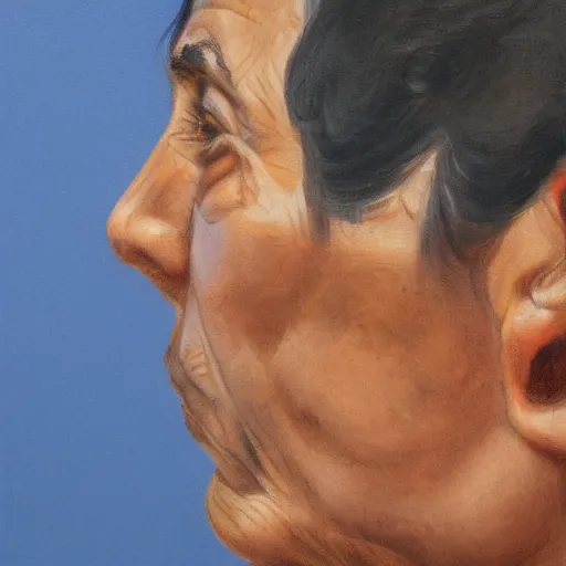 Prompt: profile portrait in peruvian realist style ( 1 9 5 4 ), prussian blue, burnt sienna, titanium white, modeled lighting, detailed, expressive, shadows