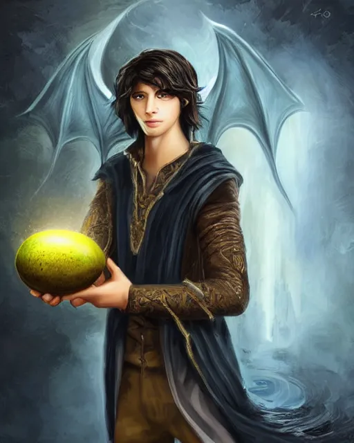 Prompt: portrait of elven teenage boy mage with long black hair holding dragon egg digital painting modern fantasy highly detailed