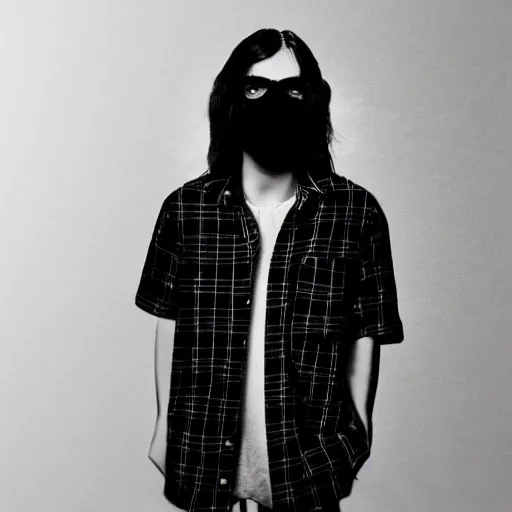 Image similar to professional pencil sketch of a young adult man with slightly long hair wearing a black face mask a black flannel shirt and black sweatpants, high quality, HD, 8K, highly detailed, award-winning