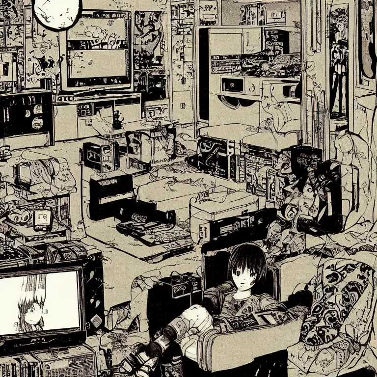 Image similar to manga illustration of teenager playing video games inside creepy 1 9 8 0's living room basement by katsuhiro otomo, kentaro miura, satoshi kon