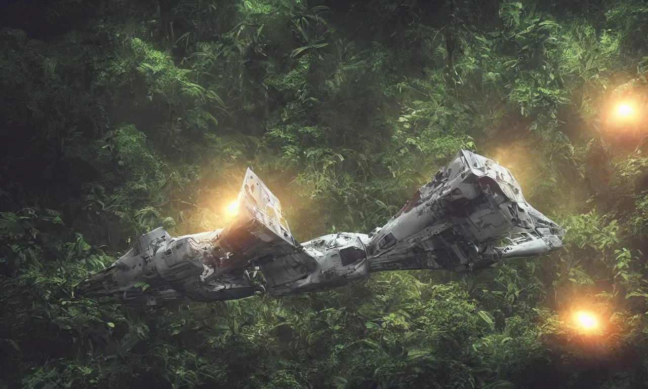 Image similar to Astronaut prometheus spaceship crashed in jungle , deep in the tropical rain forest ,wide angle low cinematic lighting atmospheric realistic octane render highly detailed in he style of craig mullins, full hd render 3d octane render unreal engine 5 Redshift Render Cinema4D C4D Rendered in Houdini Houdini-Render Blender Render Cycles Render OptiX-Render Povray Vray CryEngine LuxCoreRender MentalRay-Render Raylectron Infini-D-Render Zbrush DirectX Terragen Autodesk 3ds Max After Effects 4k UHD immense detail interdimensional lightning + studio quality enhanced quality