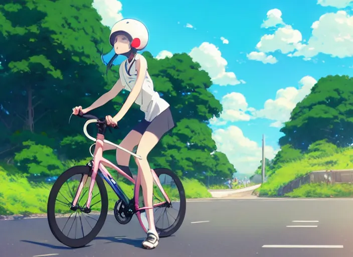 Prompt: portrait of cute girl riding road bike, sunny sky background, lush landscape, illustration concept art anime key visual trending pixiv fanbox by wlop and greg rutkowski and makoto shinkai and studio ghibli and kyoto animation, symmetrical facial features, sports clothing, road bike helmet, nike cycling suit, backlit, aerodynamic frame