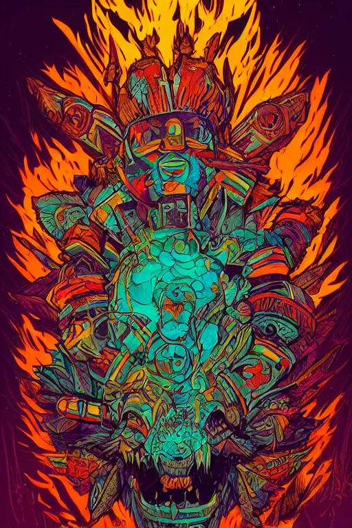 Image similar to totem animal tribal chaman vodoo mask feather gemstone plant wood rock video game illustration vivid color borderlands by josan gonzales and dan mumford radiating a glowing aura