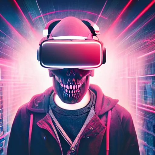 Image similar to a skull with a vr headset in a cyberpunk aesthetic, 4 k, with the word pixel written on the headset