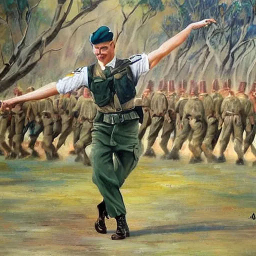Prompt: a beautiful complex painting of an australian soldier dancing in ww 2
