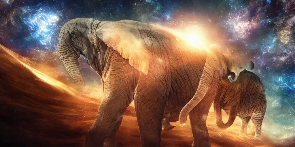 Prompt: planet - sized tiger elephant in space, next to the sun and stars, cosmic, very wide shot, epic composition, hyper detailed, digital art, trending in artstation, cinematic lighting, studio quality, unreal engine 5 rendered, art style by klimt and nixeu and ian sprigger and wlop and krenz cushart