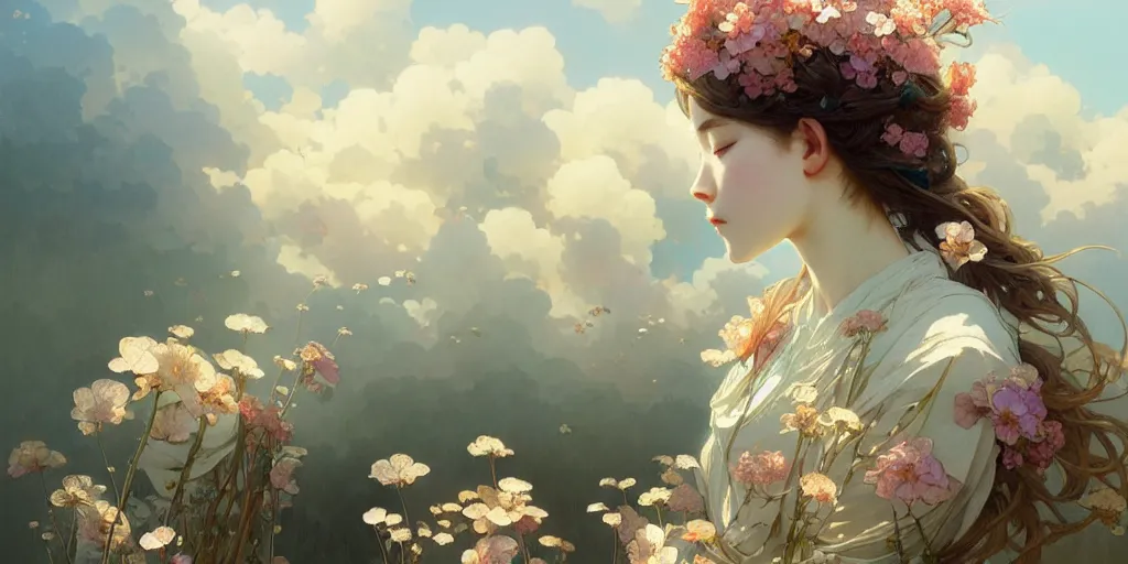 Image similar to a beautiful illustration of flowers and clouds, intricate, sharp focus, illustration, highly detailed, digital painting, concept art, matte, art by wlop and artgerm and greg rutkowski and alphonse mucha, masterpiece