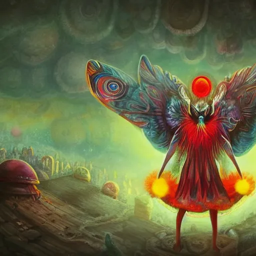 Image similar to 8K centered headshot Portrait of a psychedelic godlike mothman with giant mandala wings smoking a hand-rolled cigarette smoking heavily , magic mushroom village in background , post-processing , award winning. superb resolution. in the art style of Satoshi Kon and Greg Rutkowski . Detailed Mushroom city in background. Hyper realistic anime. Perfect art. Dalle2