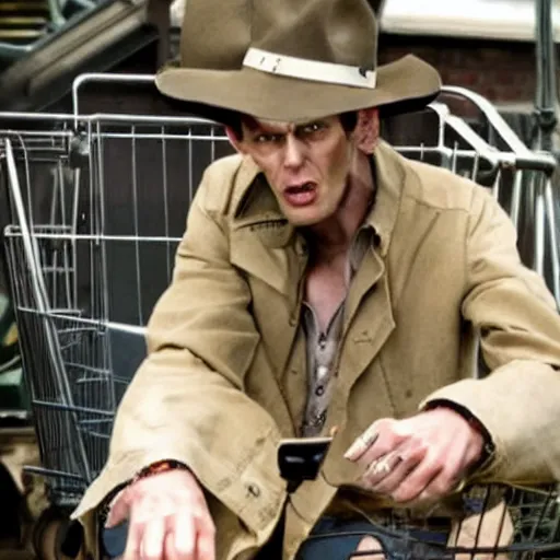 Image similar to nick valentine is sitting in a shopping cart