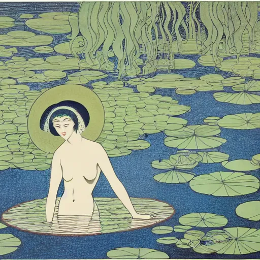 Image similar to A girl bathes in a lake where water lilies are floating, lithography by Aubrey Beardsley, High definition, detailed,