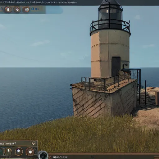 Image similar to screenshot of a lighthouse in a coastal landscape in the game Disco Elysium