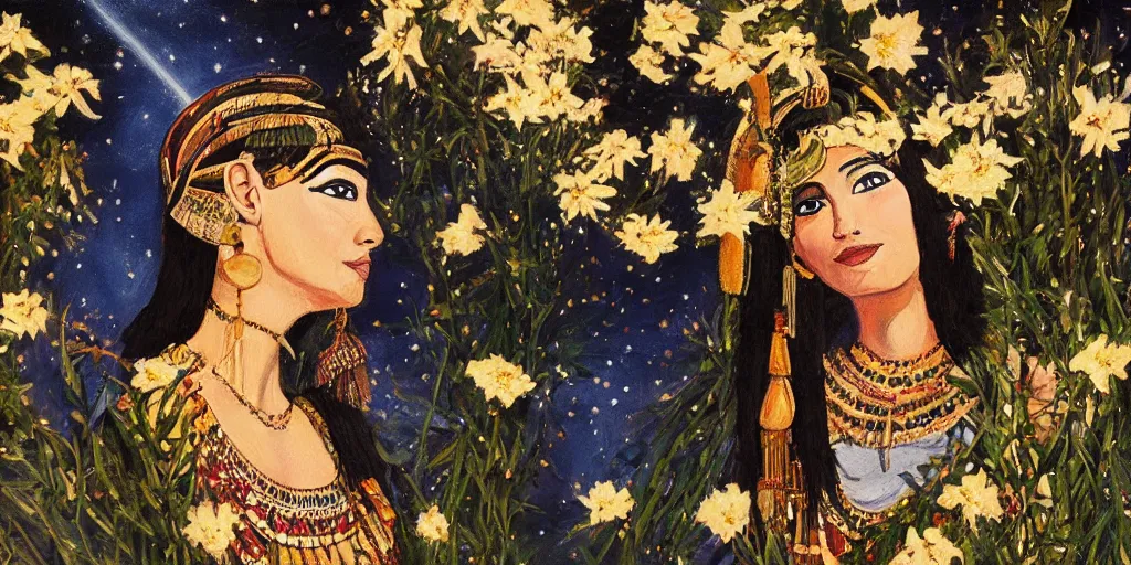 Prompt: a painting of cleopatra holding flowers. star lit sky, ultra realistic.